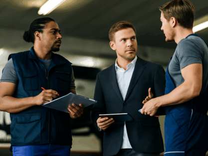 Trois professionnels discutant dans un local technique, illustration du facility management