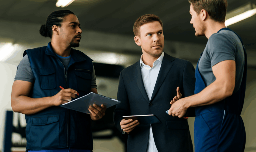 Trois professionnels discutant dans un local technique, illustration du facility management
