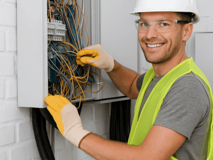 Technicien en maintenance multitechnique intervenant sur un tableau électrique