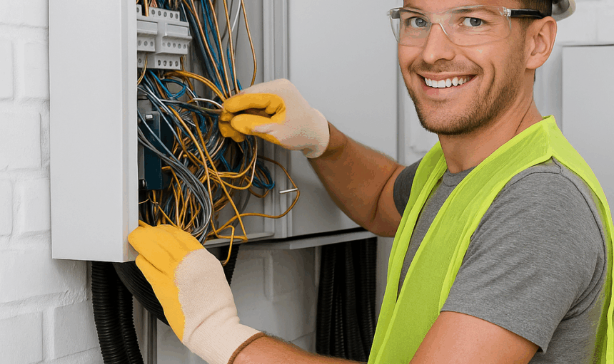 Technicien en maintenance multitechnique intervenant sur un tableau électrique