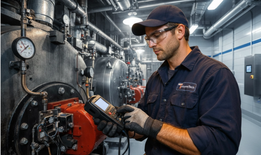 Technicien CVC en intervention dans une chaufferie industrielle
